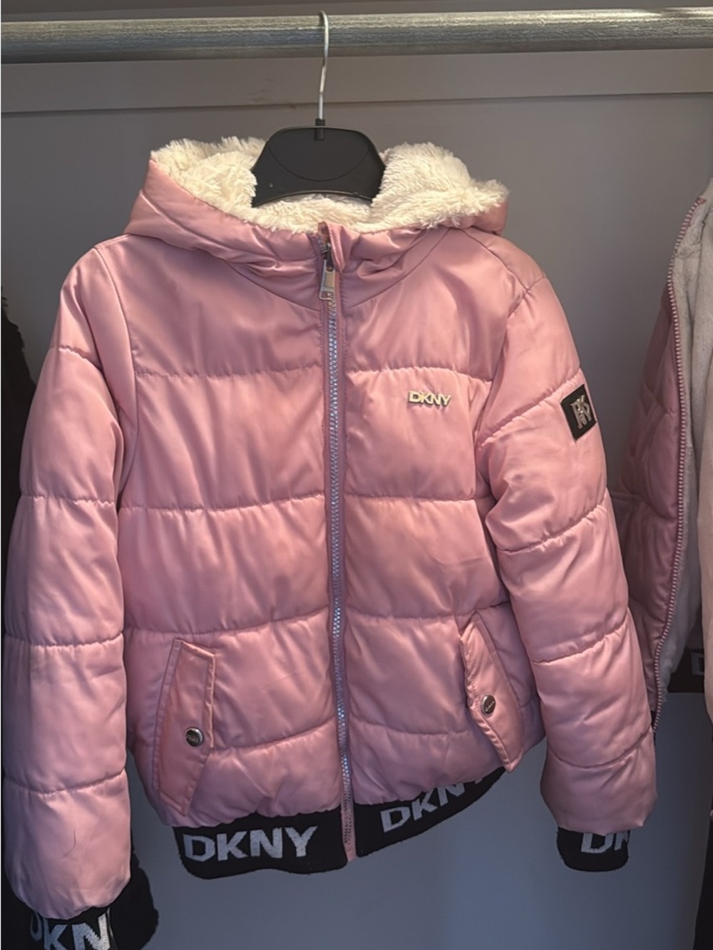 DKNY Girls Light Pink Quilted Puffer Jacket with Faux Fur Hood